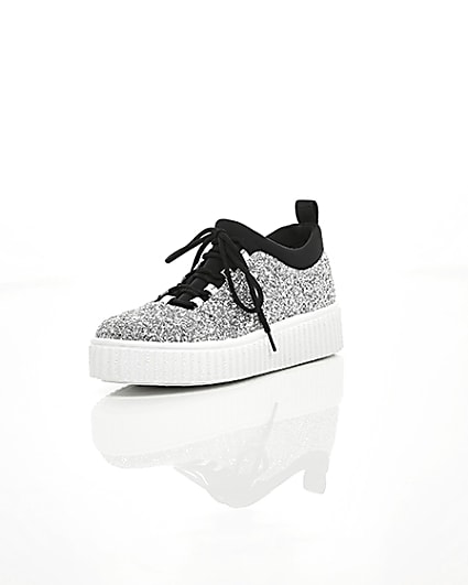 360 degree animation of product Silver glitter lace up creeper trainers frame-1