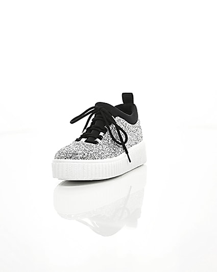 360 degree animation of product Silver glitter lace up creeper trainers frame-2