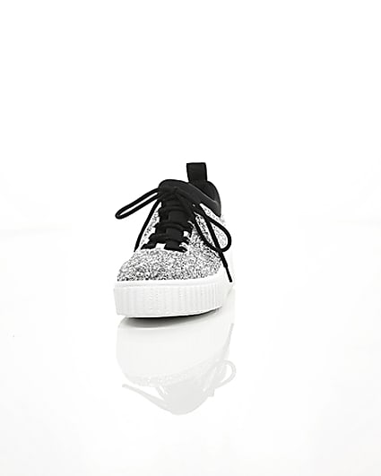 360 degree animation of product Silver glitter lace up creeper trainers frame-3