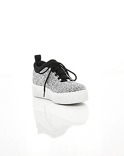 360 degree animation of product Silver glitter lace up creeper trainers frame-6