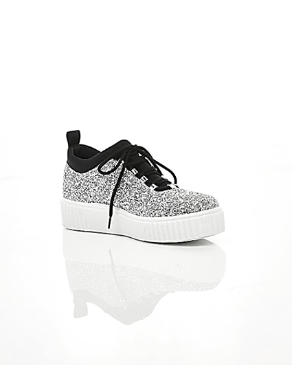 360 degree animation of product Silver glitter lace up creeper trainers frame-7