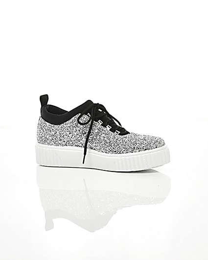 360 degree animation of product Silver glitter lace up creeper trainers frame-8