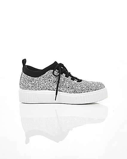 360 degree animation of product Silver glitter lace up creeper trainers frame-9