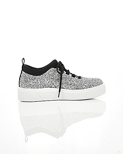 360 degree animation of product Silver glitter lace up creeper trainers frame-10