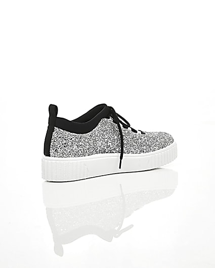 360 degree animation of product Silver glitter lace up creeper trainers frame-12