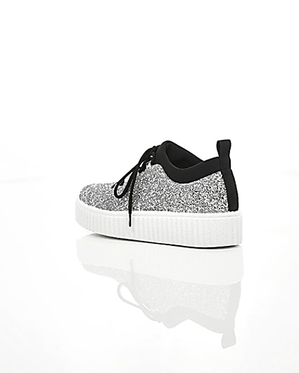 360 degree animation of product Silver glitter lace up creeper trainers frame-19