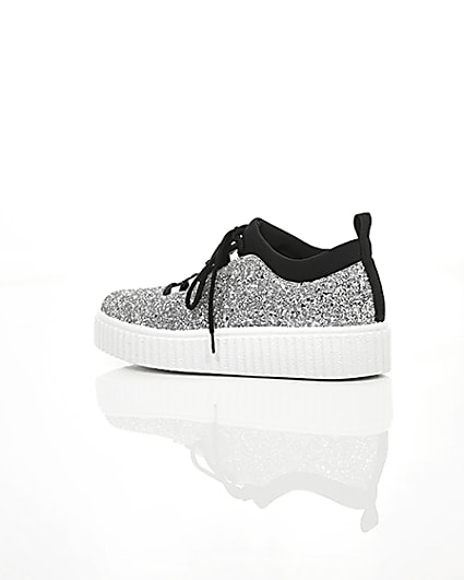 360 degree animation of product Silver glitter lace up creeper trainers frame-20