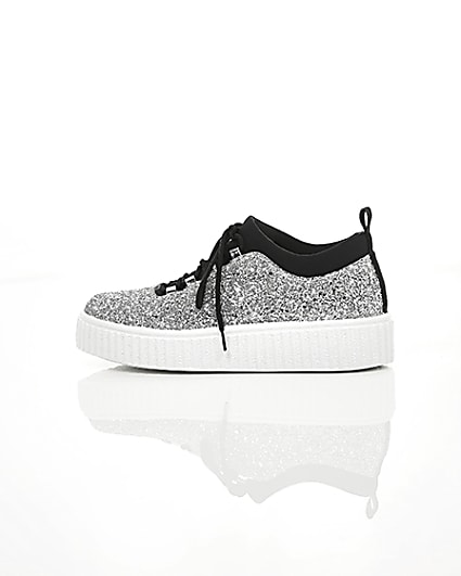 360 degree animation of product Silver glitter lace up creeper trainers frame-21