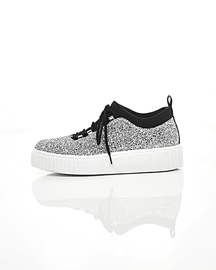 360 degree animation of product Silver glitter lace up creeper trainers frame-22