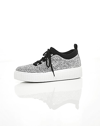 360 degree animation of product Silver glitter lace up creeper trainers frame-23