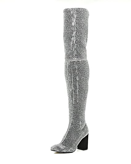 360 degree animation of product Silver glitter over-the-knee stretch boots frame-0