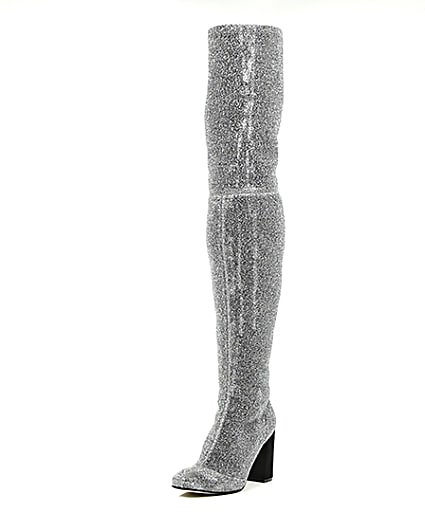 360 degree animation of product Silver glitter over-the-knee stretch boots frame-1