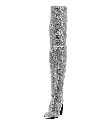 360 degree animation of product Silver glitter over-the-knee stretch boots frame-2