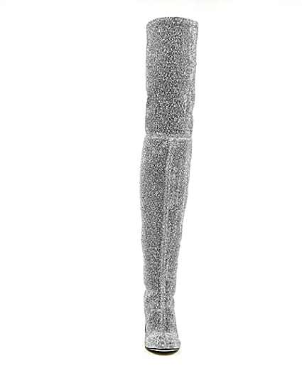 360 degree animation of product Silver glitter over-the-knee stretch boots frame-4
