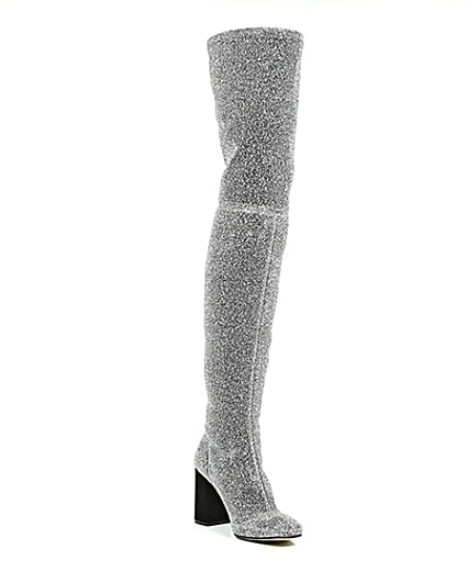 360 degree animation of product Silver glitter over-the-knee stretch boots frame-6
