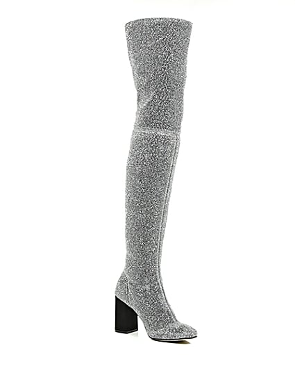 360 degree animation of product Silver glitter over-the-knee stretch boots frame-7