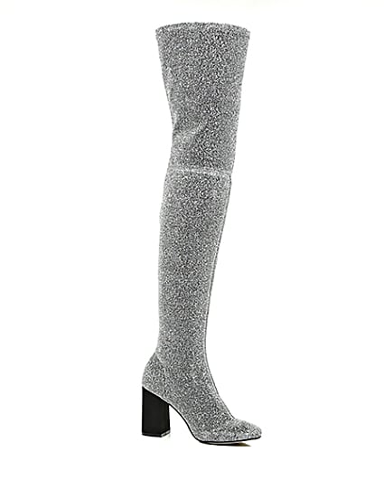 360 degree animation of product Silver glitter over-the-knee stretch boots frame-8