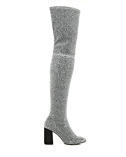 360 degree animation of product Silver glitter over-the-knee stretch boots frame-10