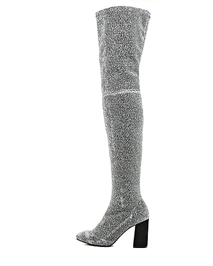 360 degree animation of product Silver glitter over-the-knee stretch boots frame-21
