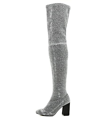 360 degree animation of product Silver glitter over-the-knee stretch boots frame-22