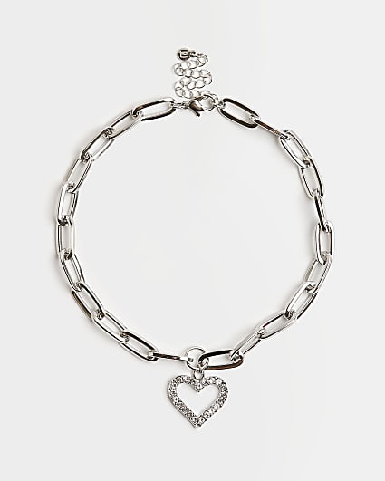 Silver heart chain choker necklace