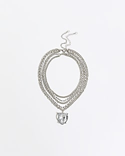 Silver Heart Chain Multi Choker necklace