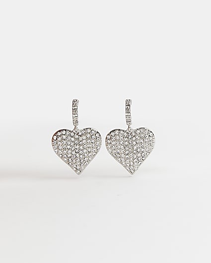 Silver heart drop hoop earrings