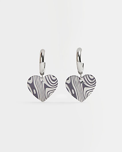 Silver heart hoop drop earrings