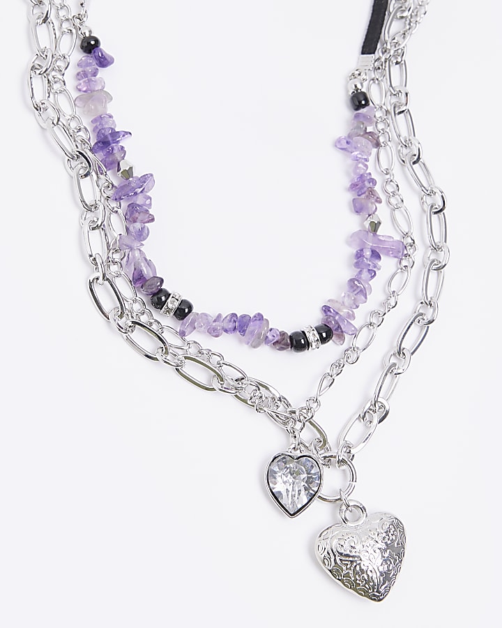 Silver heart multirow beaded necklace