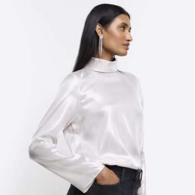 Silver high neck long sleeve blouse | River Island