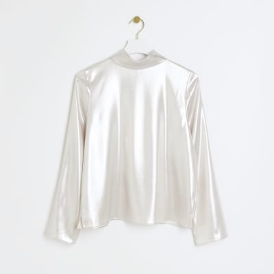Silver high neck long sleeve blouse
