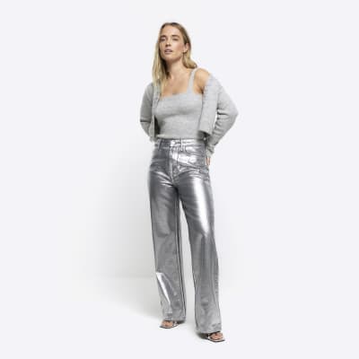 Silver high waisted straight coated jeans | River Island