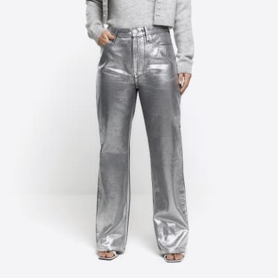 Silver high waisted straight coated jeans River Island