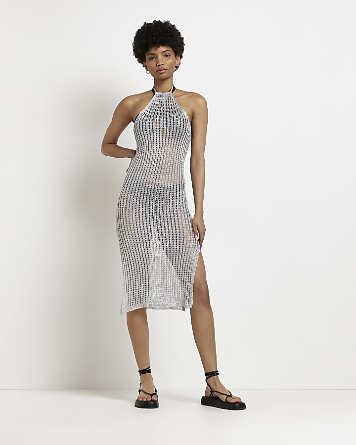Silver knitted bodycon midi dress