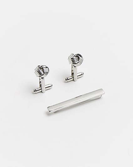 Silver knot design cufflinks and tie pin set