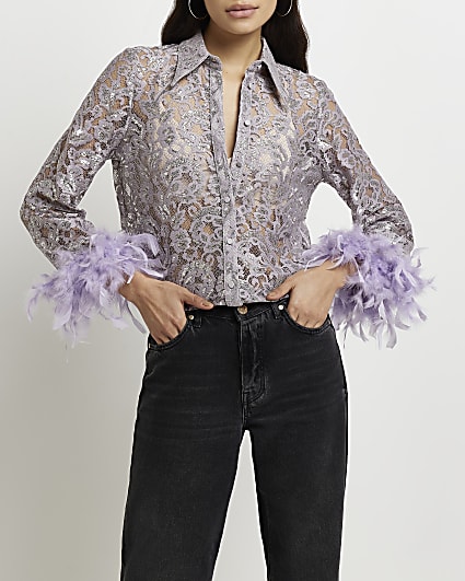 Silver lace feather cuff shirt