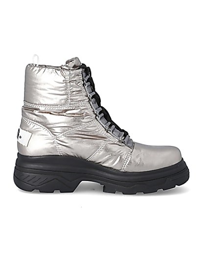 360 degree animation of product Silver lace-up chunky moon boots frame-15