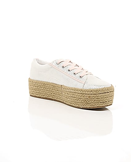 360 degree animation of product Silver lace-up espadrille flatform trainers frame-7