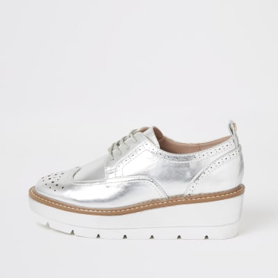Silver lace-up flatform brogue shoes 