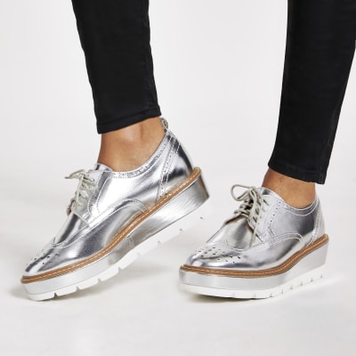 Silver lace-up flatform brogue shoes 