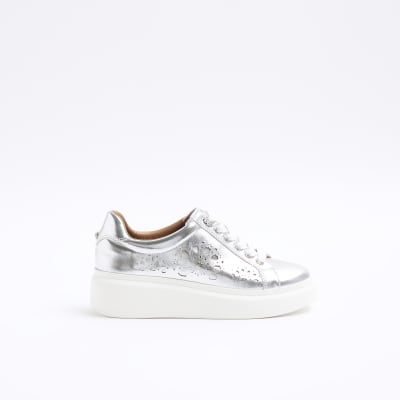 Silver laser cut flatform trainers | River Island