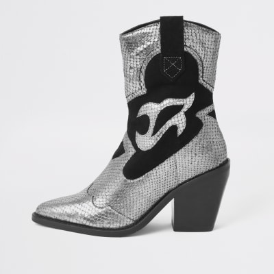 Silver leather cutout cowboy ankle boots