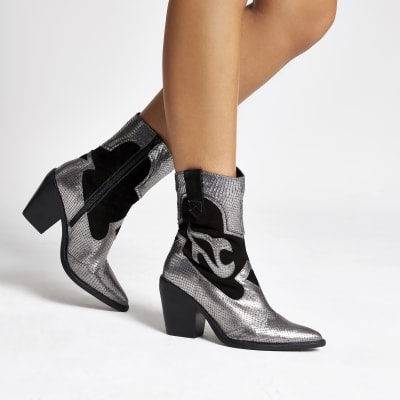 silver leather ankle boots