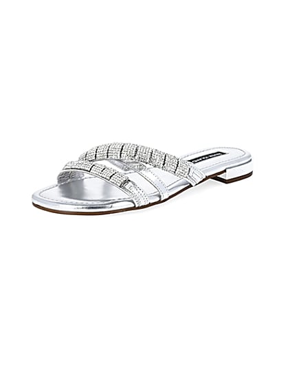 360 degree animation of product Silver leather embellished Mule sandals frame-0