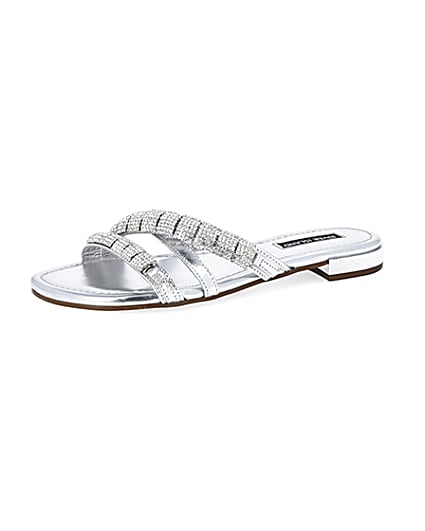 360 degree animation of product Silver leather embellished Mule sandals frame-1