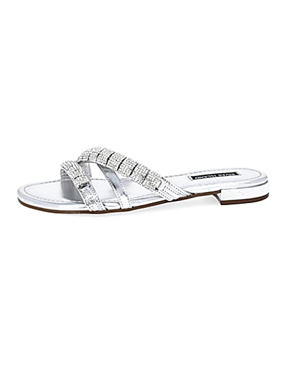 360 degree animation of product Silver leather embellished Mule sandals frame-2