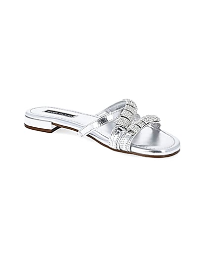 360 degree animation of product Silver leather embellished Mule sandals frame-17