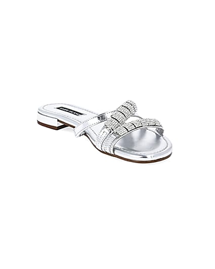 360 degree animation of product Silver leather embellished Mule sandals frame-18