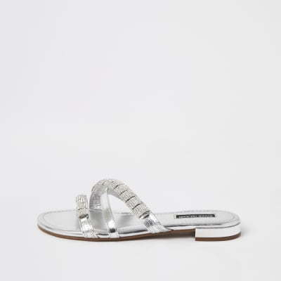 silver leather flip flops