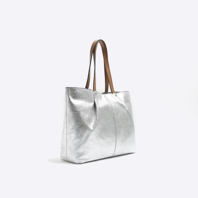 Silver leather metallic shopper bag River Island